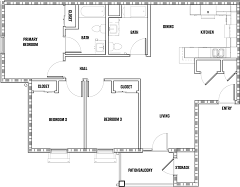 the floor plan shows the layout of the bedrooms and baths